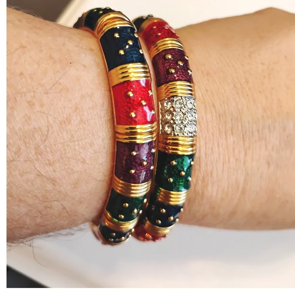 Jewel Tone Enamel Bracelet Set Vintage ArtDeco Cottagecore Boho Whimsygoth Y2K